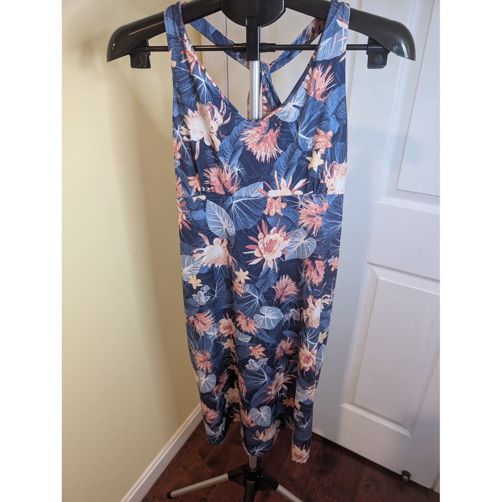 Patagonia Magnolia Spring Midi Dress Womens L Blue Floral Twisted Racerback
